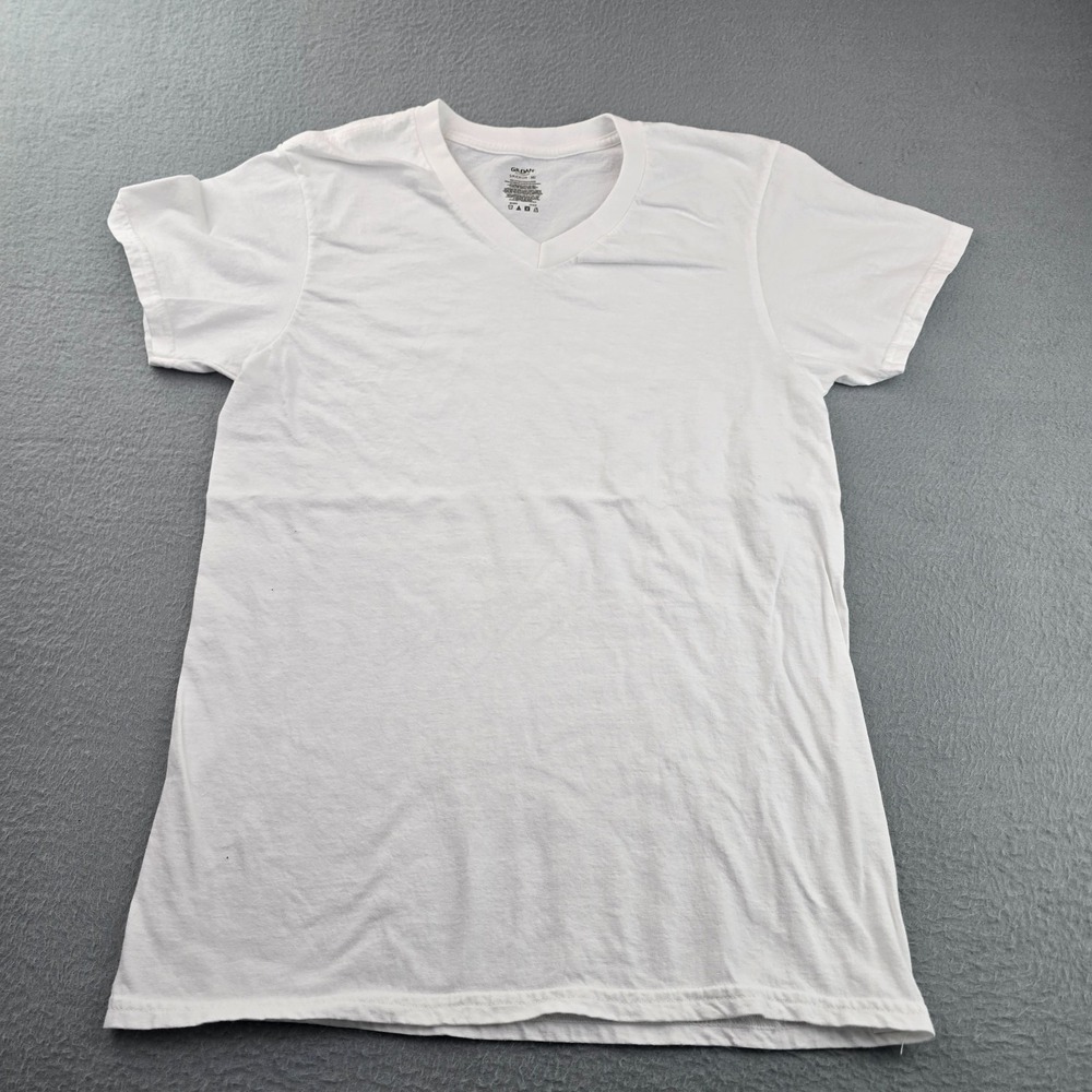 Gildan Platinum T-Shirt Top Womens Small White Cotton V-Neck Everyday Wear